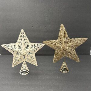 Christmas Tree Star Toppers Set Of 2 Elegant Gold Glitter White Metal Swirl Base